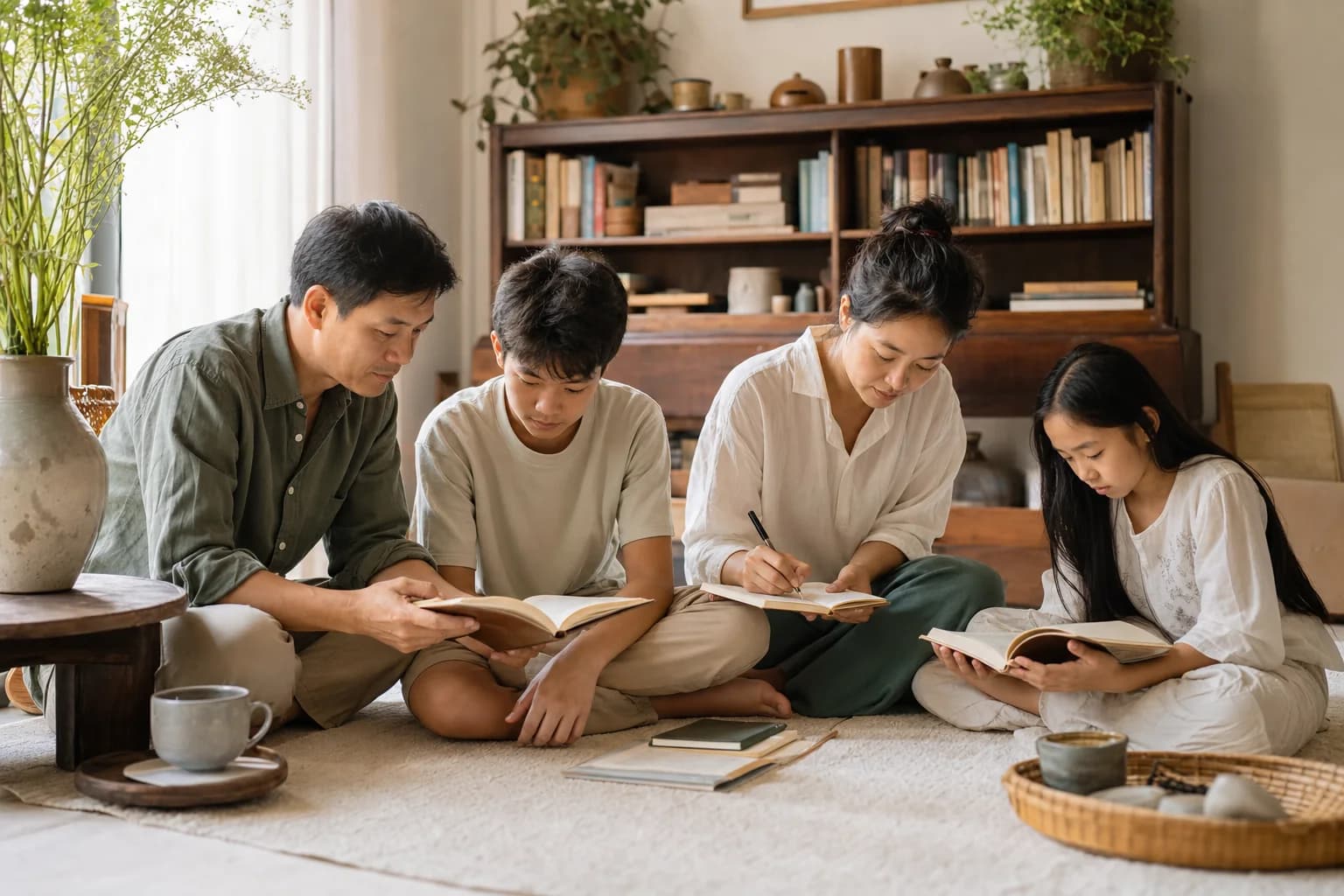 Gia đình cùng đọc sách và viết nhật ký trong không gian ấm áp
