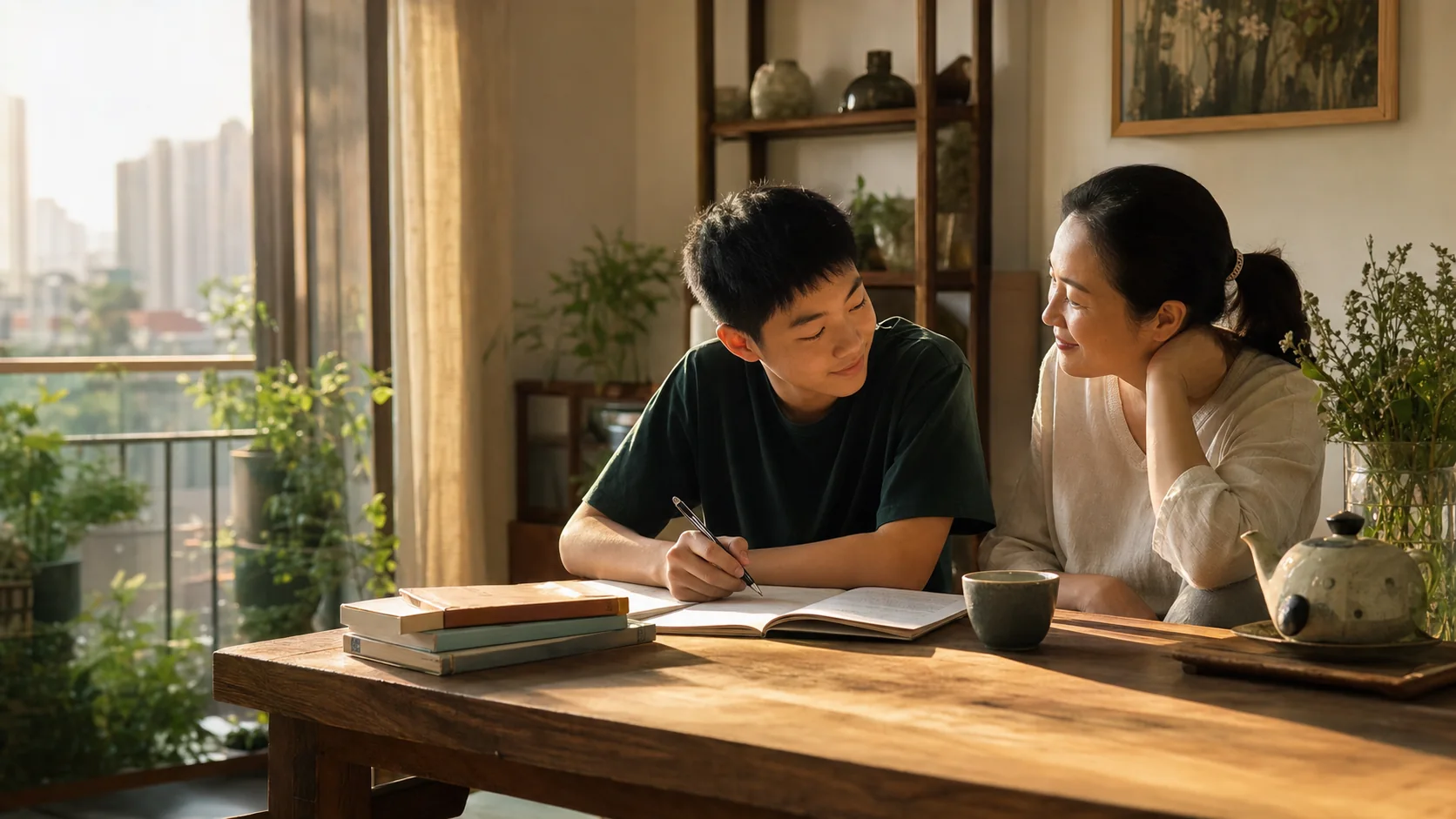 Mẹ và con cùng chia sẻ bên bàn học trong ánh nắng ấm