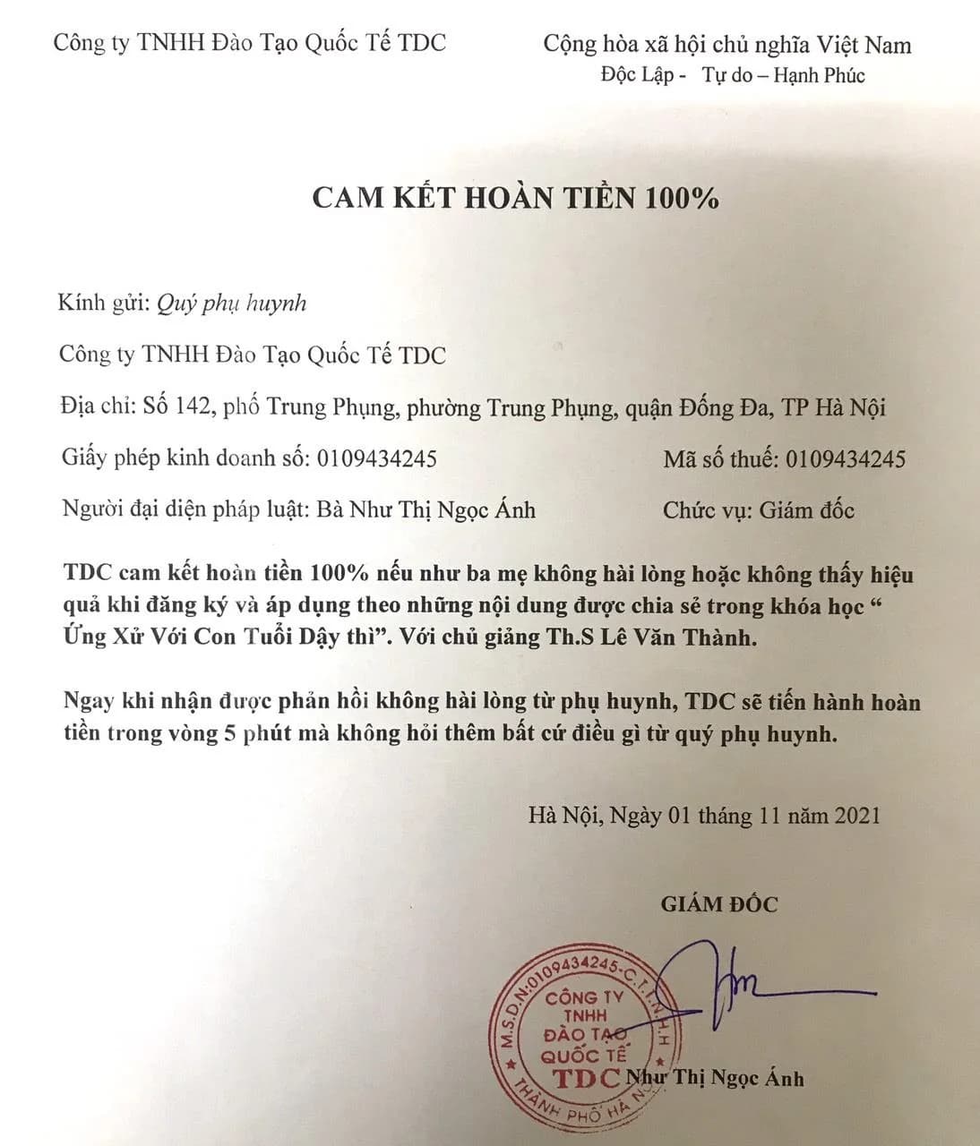 Bản chụp văn bản cam kết hoàn tiền 100% của TDC