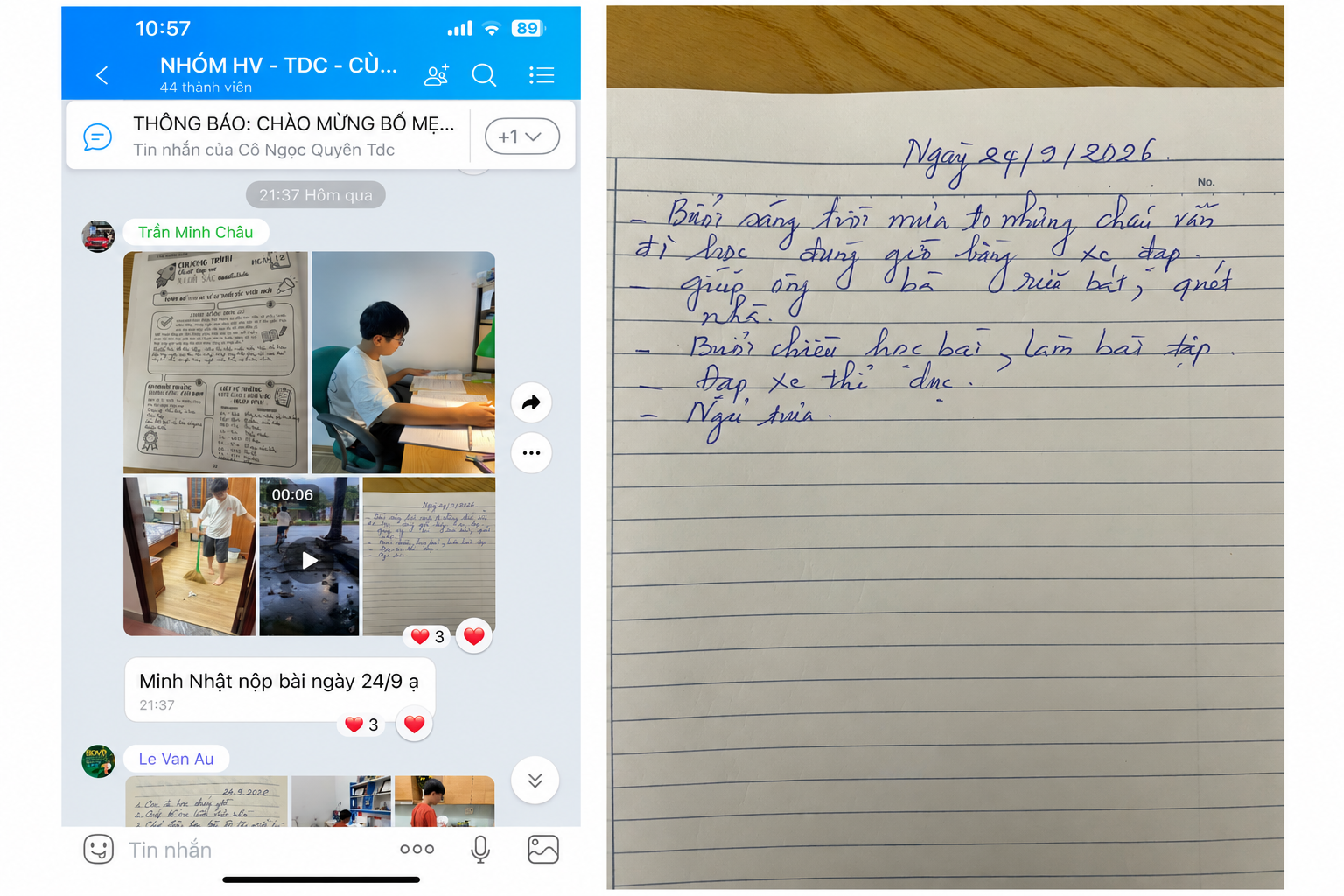 Minh Nhật · lớp 8 · ảnh nộp bài và nhật ký 24/9/2026