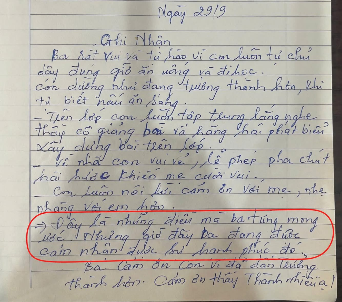 Nhật ký ghi nhận của phụ huynh · 29/9